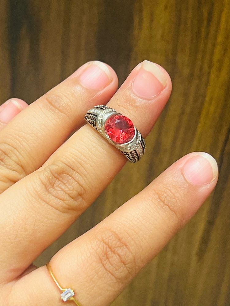 Red Stone Oxidised Silver Ring