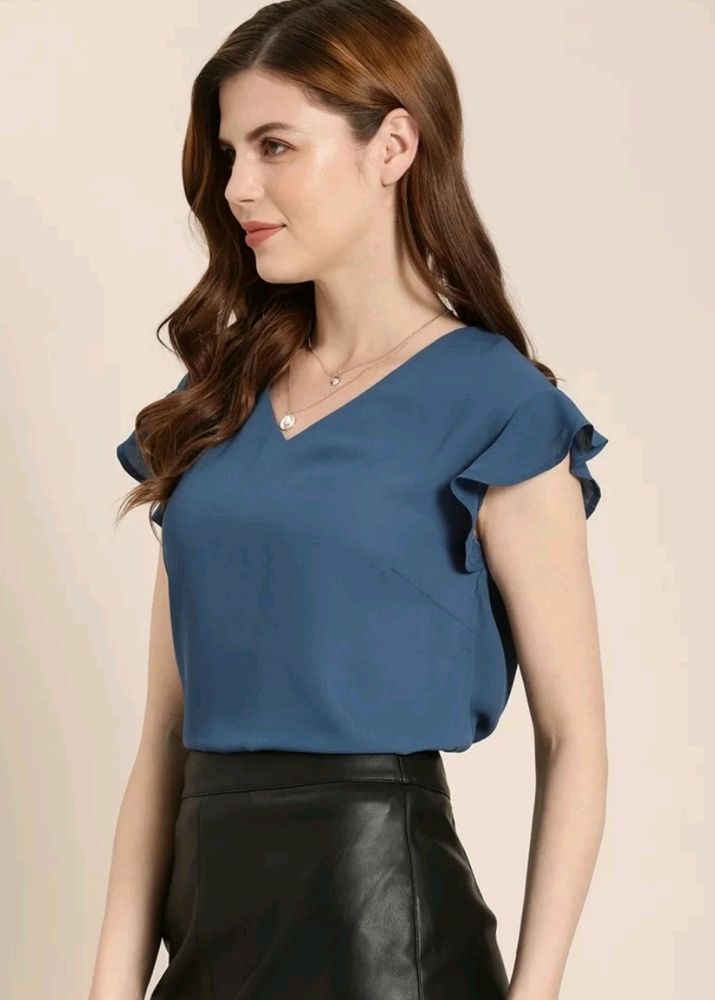 Teal Blue V-Neck Top With Flutter Sleeves