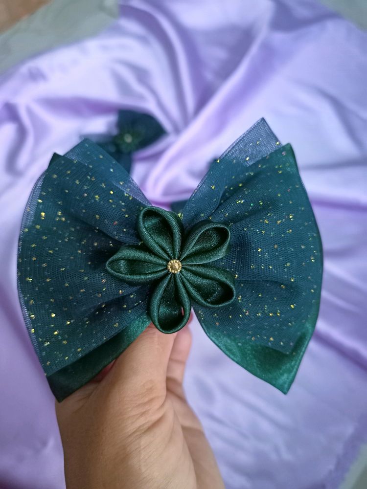 Handmade Cute Bow Hair Clips Dark Green