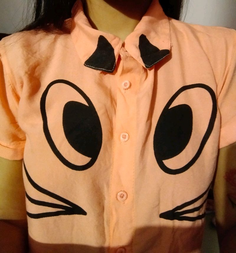 Cat Print Crop Shirt Top Size S