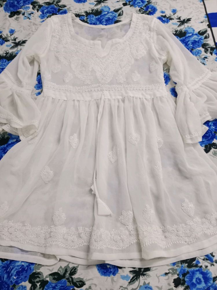 White Flared Chikankari Short Kurti