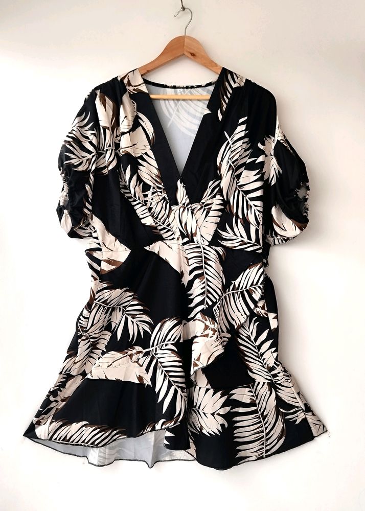 Tropical Printed Deep V Neck Plus Size Dress Women