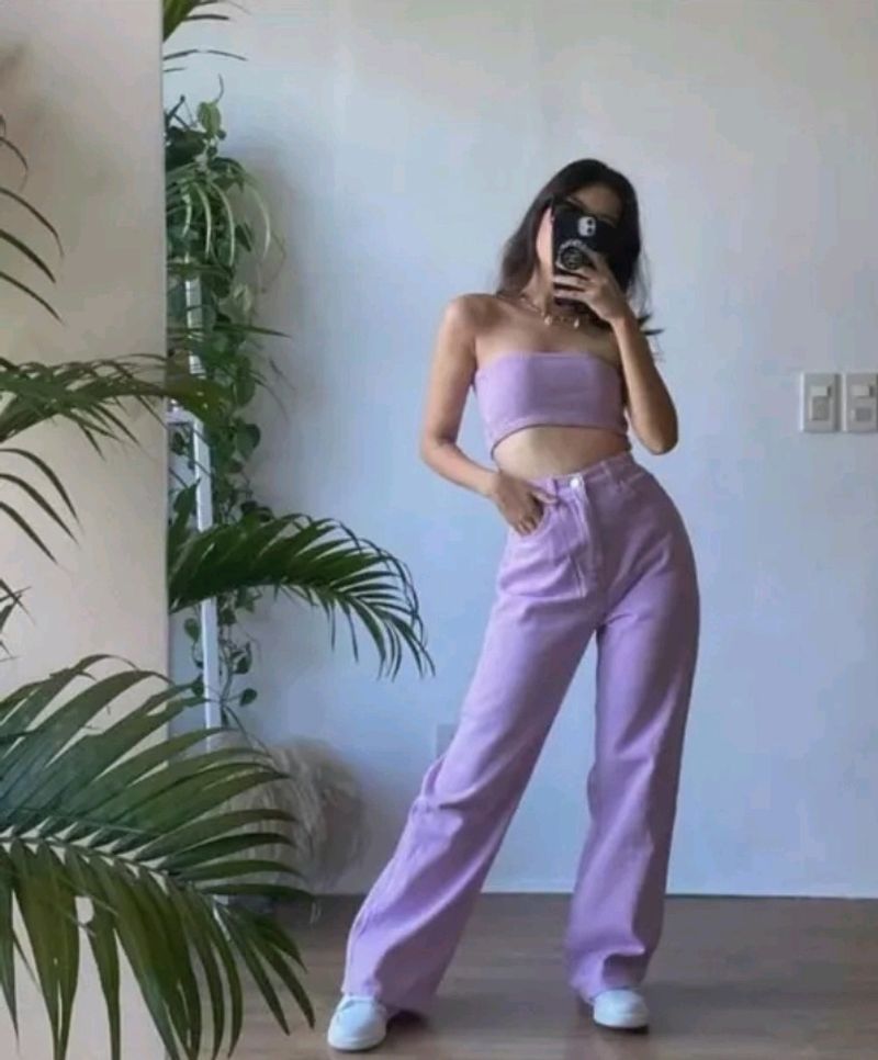 Lavender Color Wide Leg Jeans