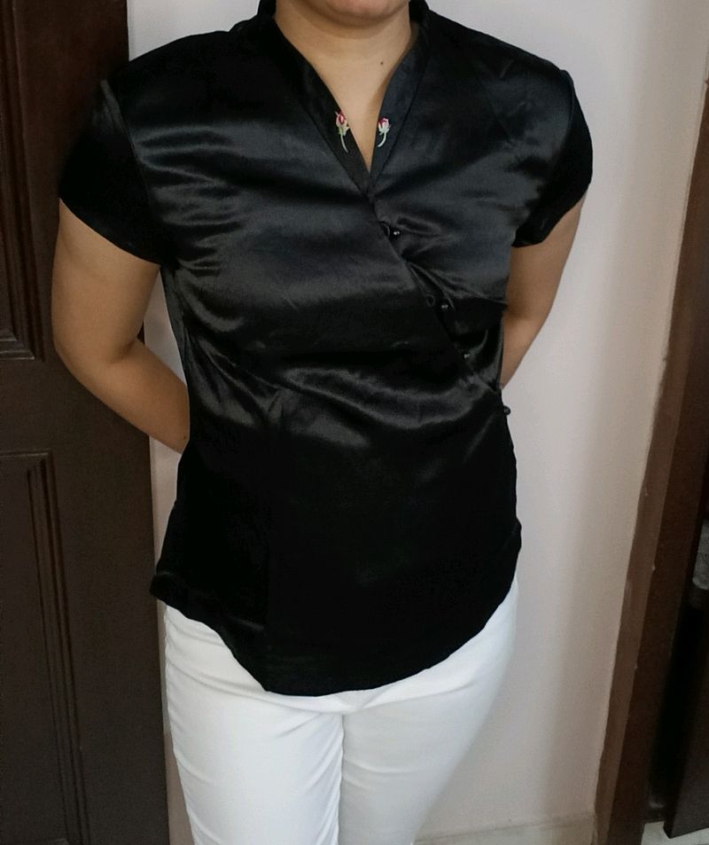 Women Black Satin Chinese Style Side Button Top