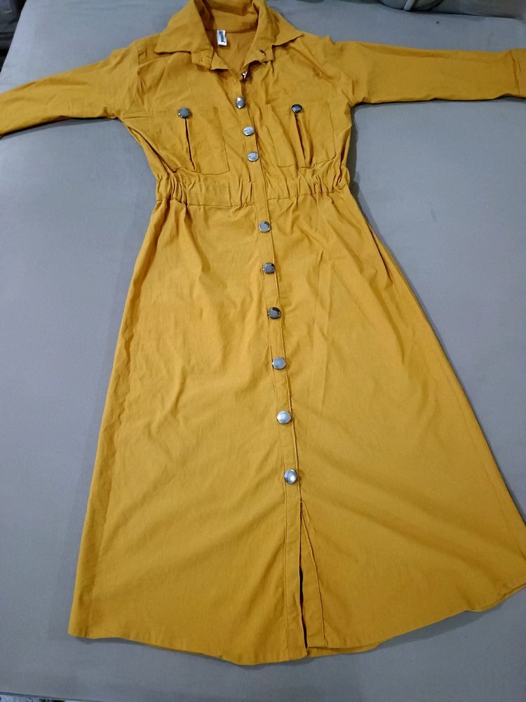 A Mustard Cute Knee Length Dress