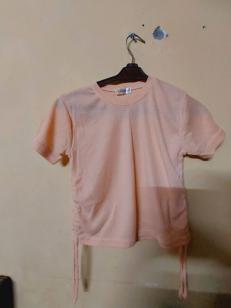 Peach Ribbed Short-Sleeve Top with Side Ties