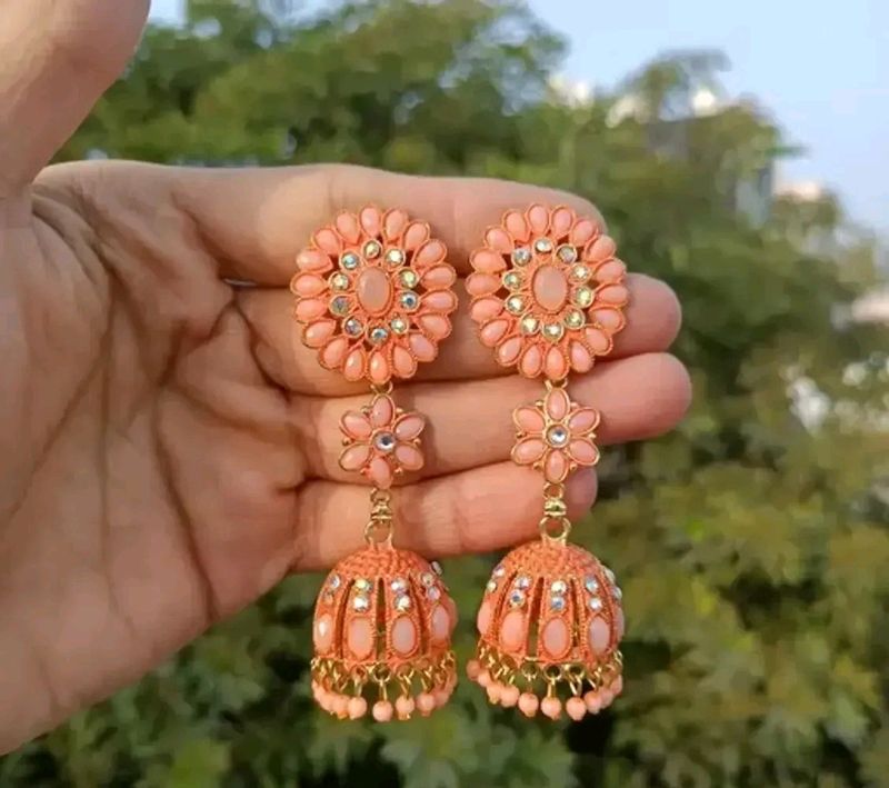 Peach Alloy Beads Jhumkas Earrings For Women