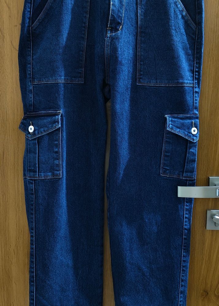 Bright Dark Blue Denim Cargo Jeans