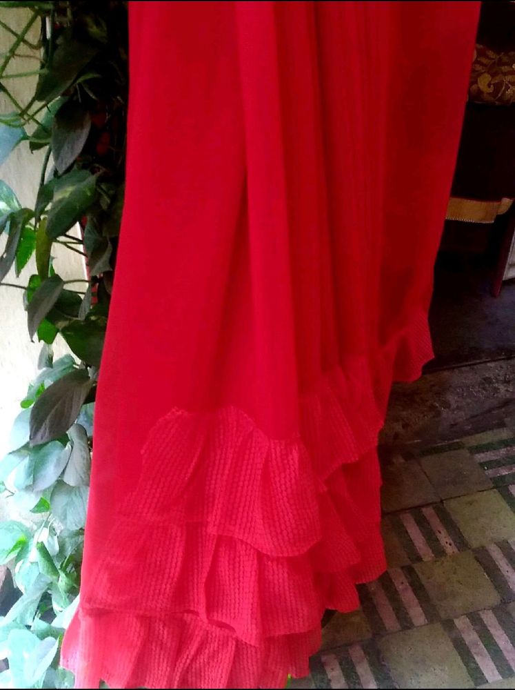 Pretty Red Ruffle Saree❤️l