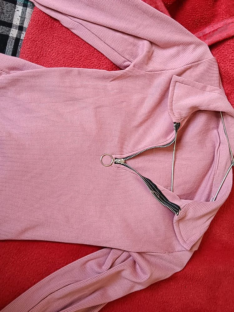 Pink Crop Top With Front Zip