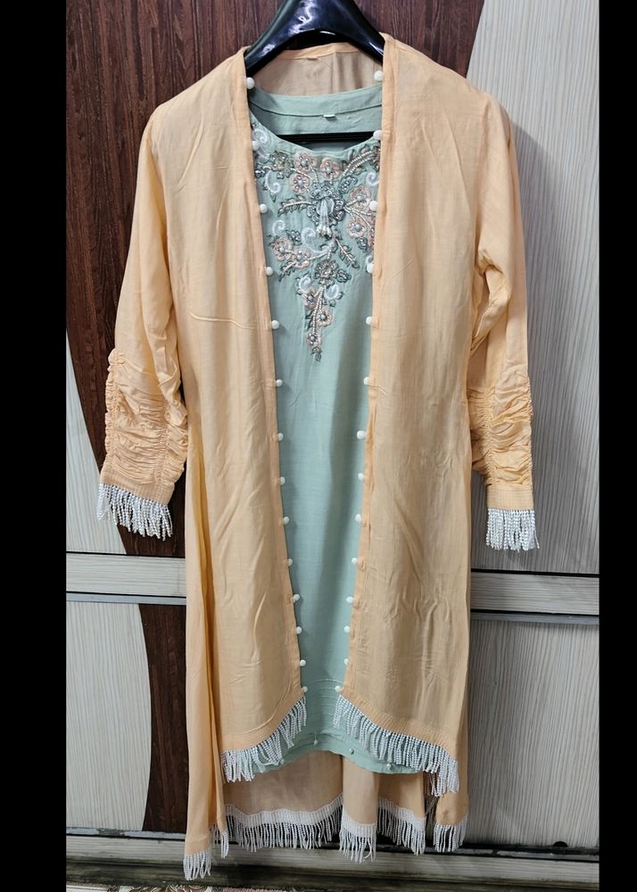 Sea Green Kurti With Peach Shrug