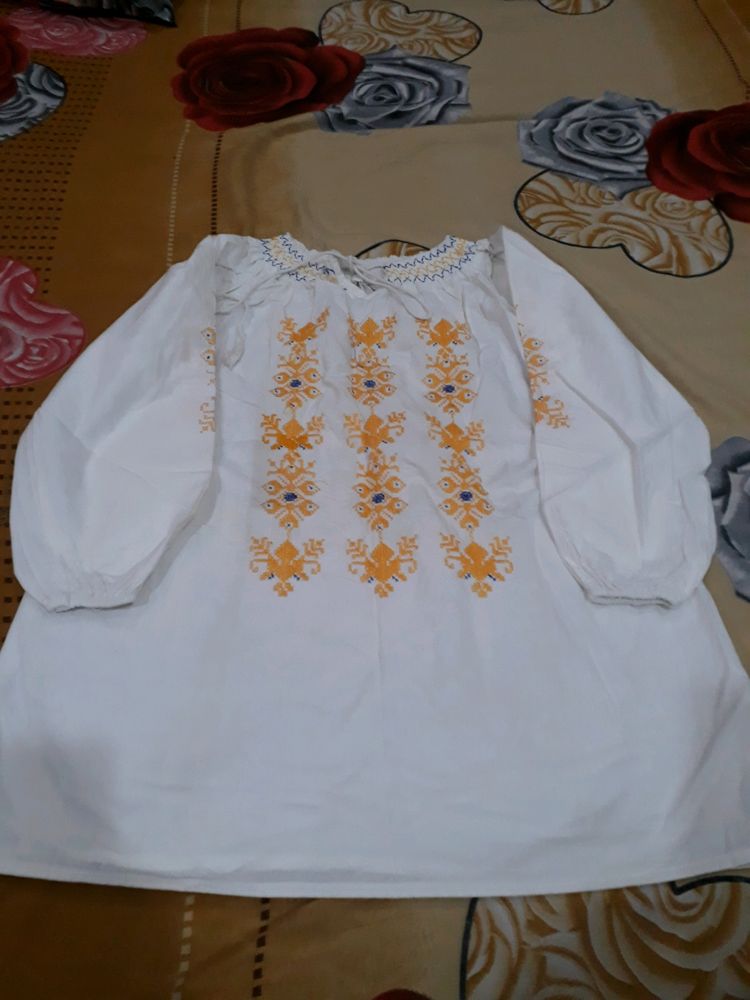 Unused Embroidered Short Top In White Colour