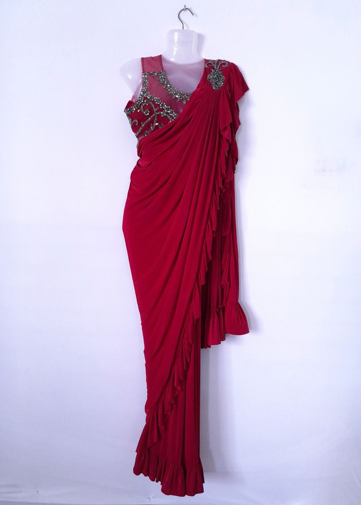 Red Embroidered Ready To Wear Saree Set (Women's)