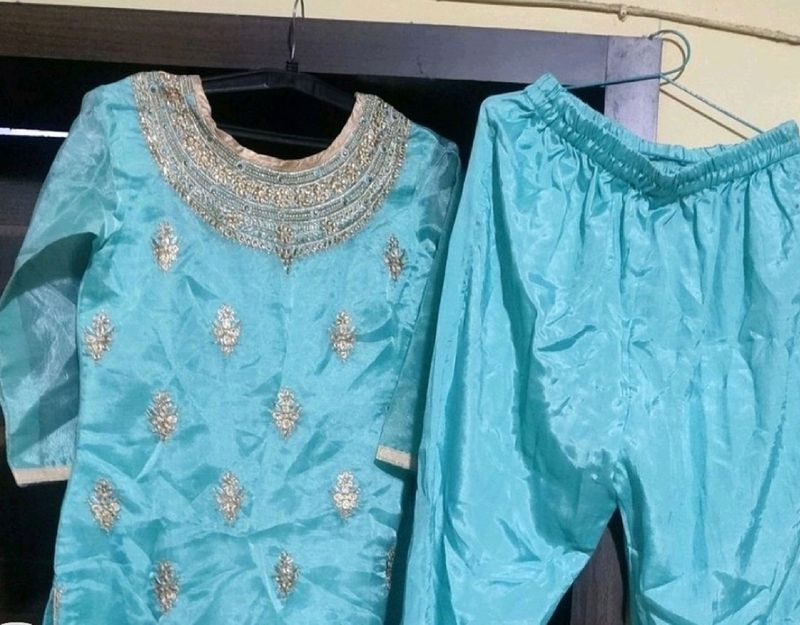 Blue Embriodey Kurta Pant Duptta Set