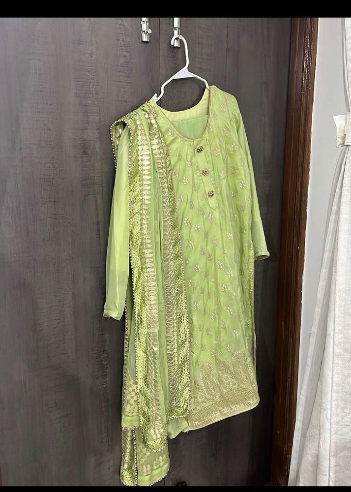 banarsi silk 3 pieces suit mukaish gotta patti