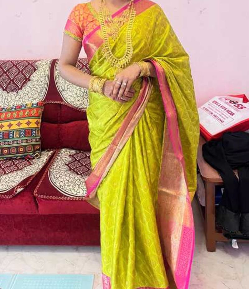 Lime Green And Pink Mysore Silk Saree