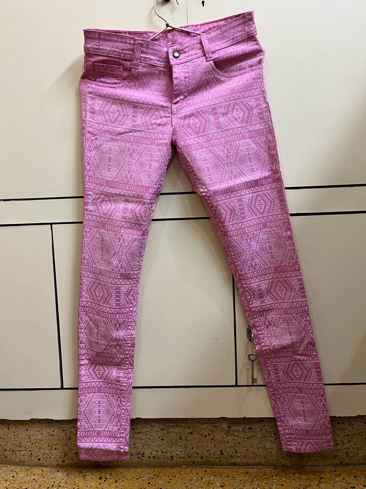 Abstract Printed Pink Cotton Jeans