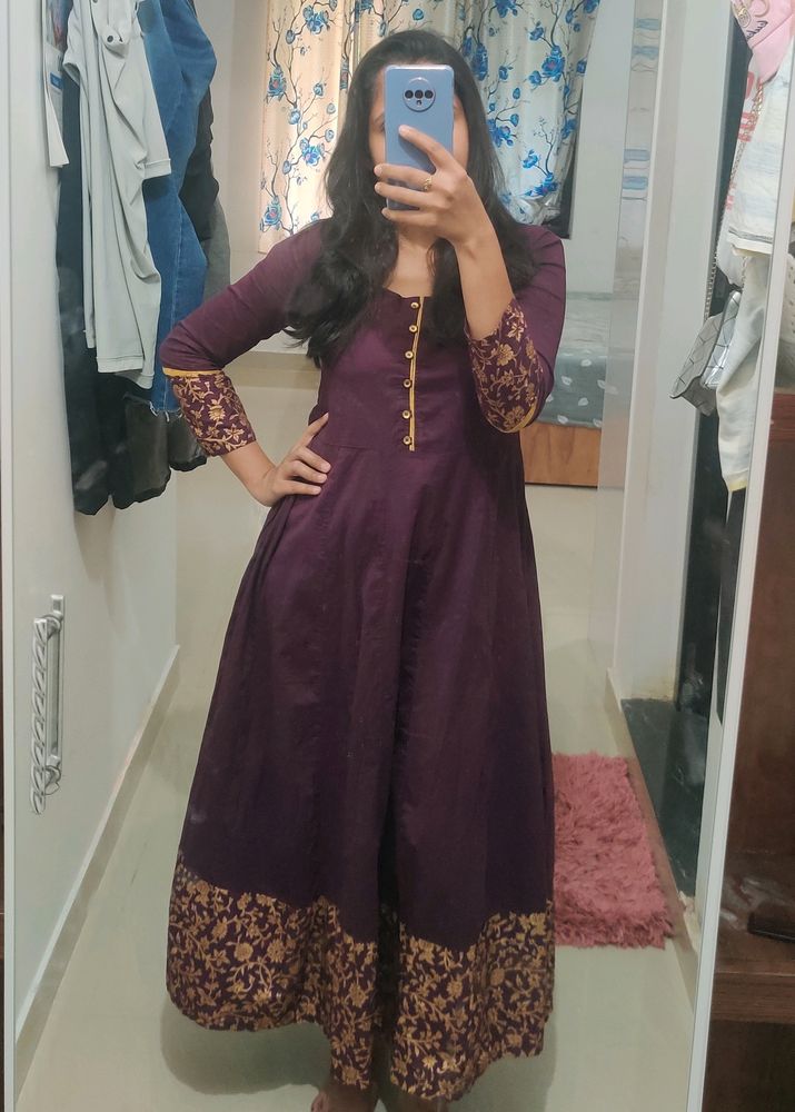 Burgundy & Gold Toned Anarkali Kurta + Legging