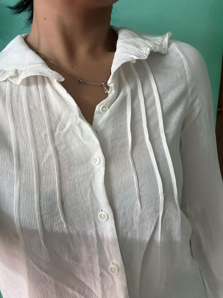 Ruffle Neck White Top