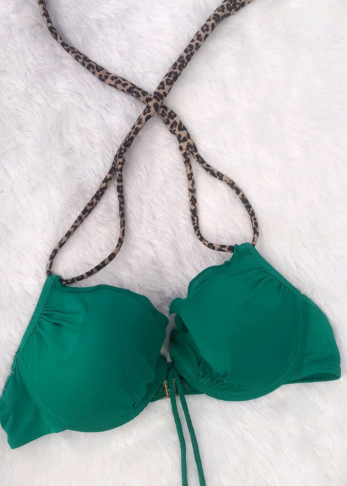 Dark Green Padded Bra With Leoperd Pattern Straps