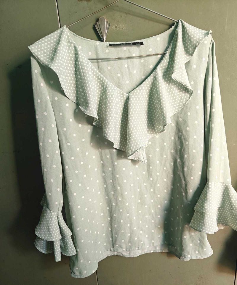 MADAME Mint Green White Polka Dot Top