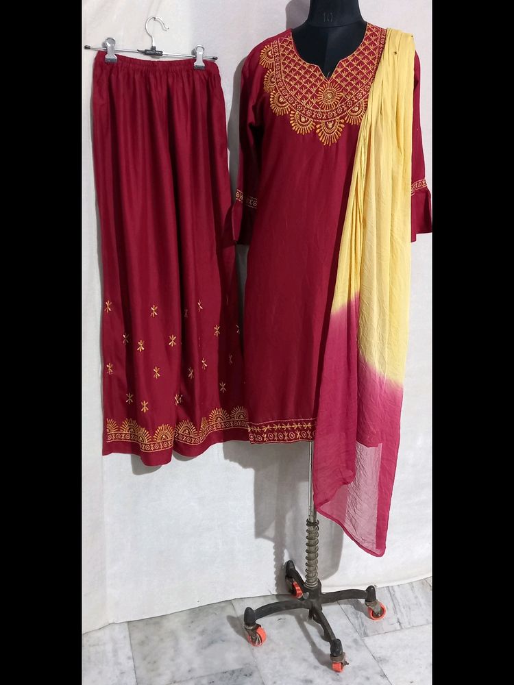 Xxl Size Embroidered Plazo Kurti Set With Dupatta