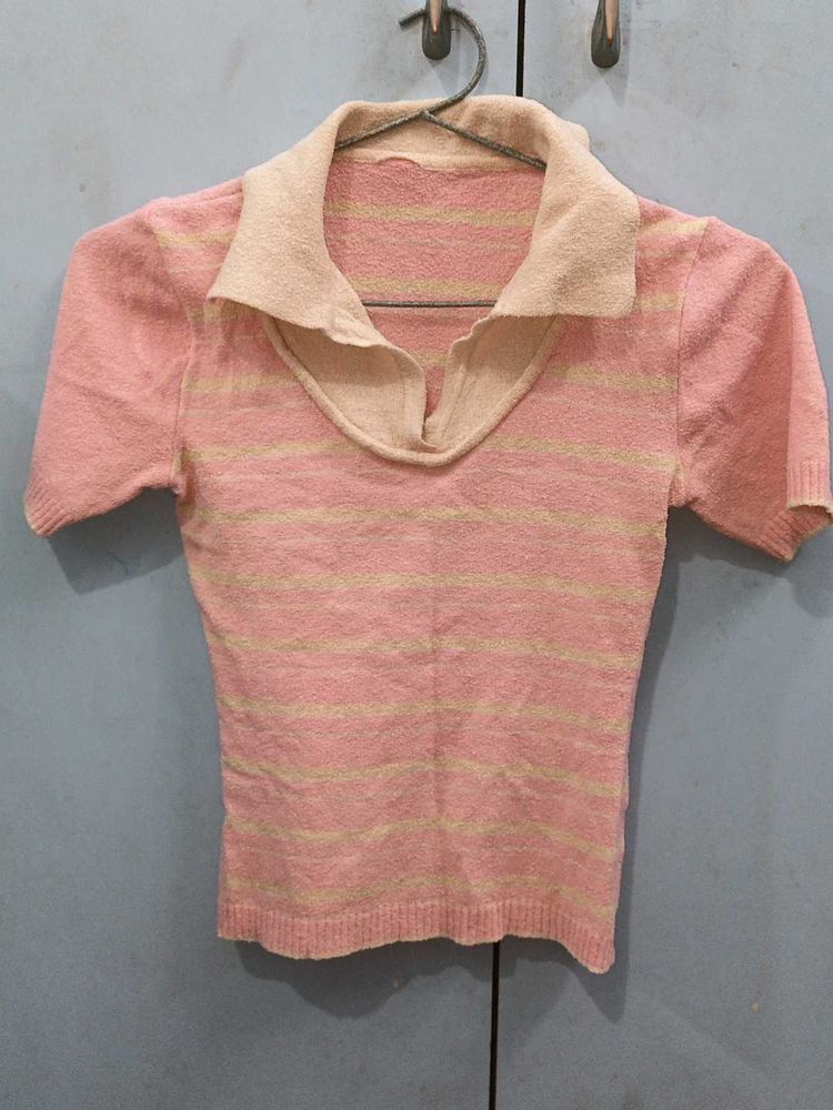 Y2k Pink Stripe Collar Top