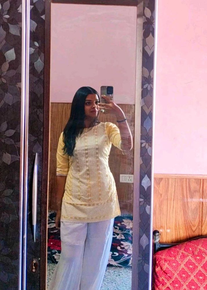 Yellow Embroidered Short Kurti