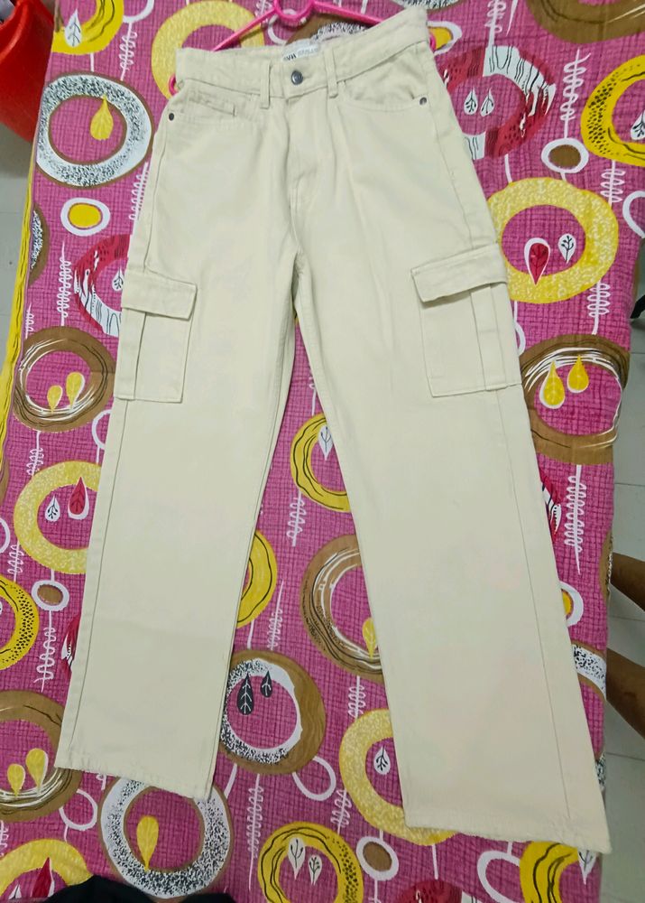 Beige Wide Leg Cargo Jeans For Women