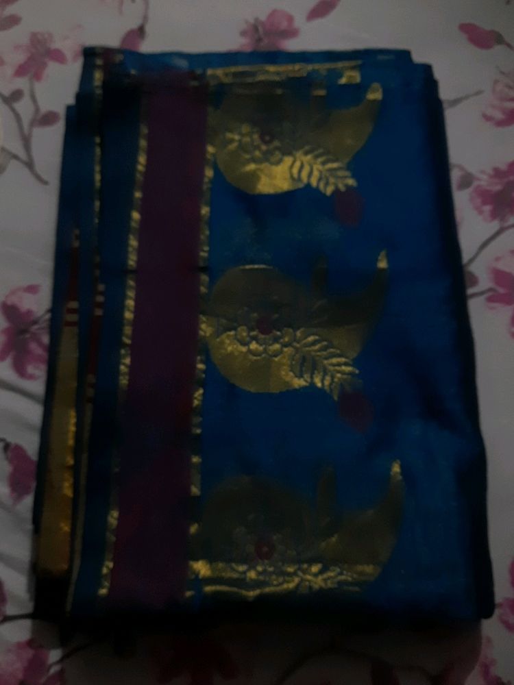 Blue Maroon Golden Jori Border Linen Saree