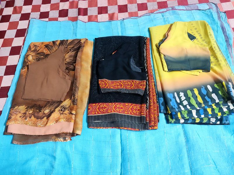 Combo Of Three Sarees With Stitched Blouses