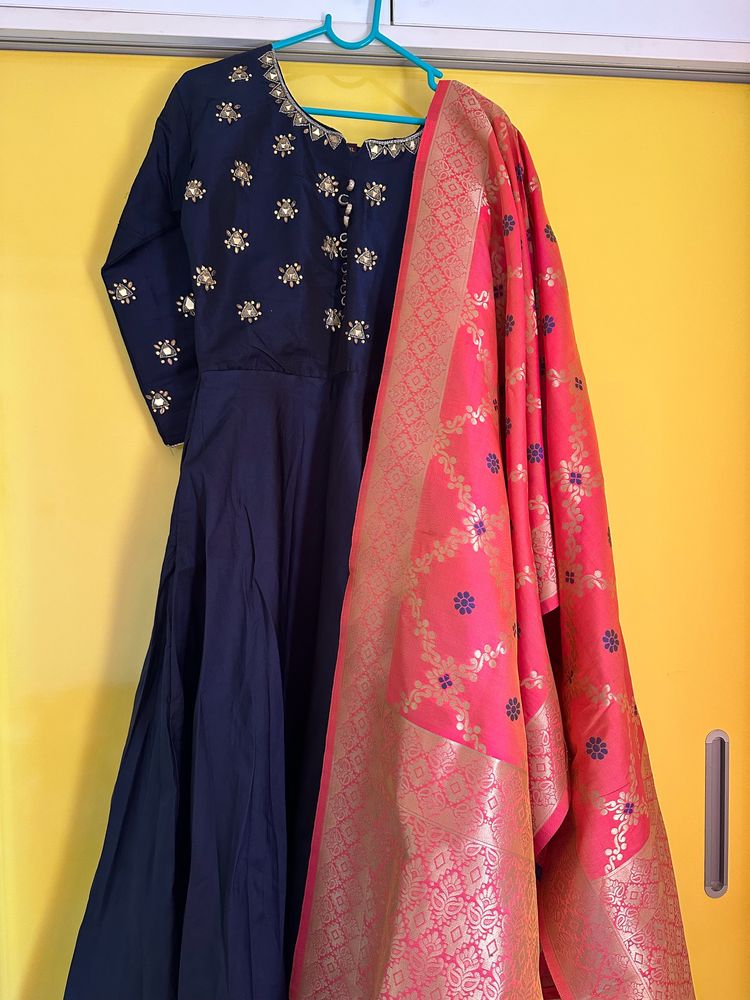 Navy Blue Anarkali With 2 Duppatas