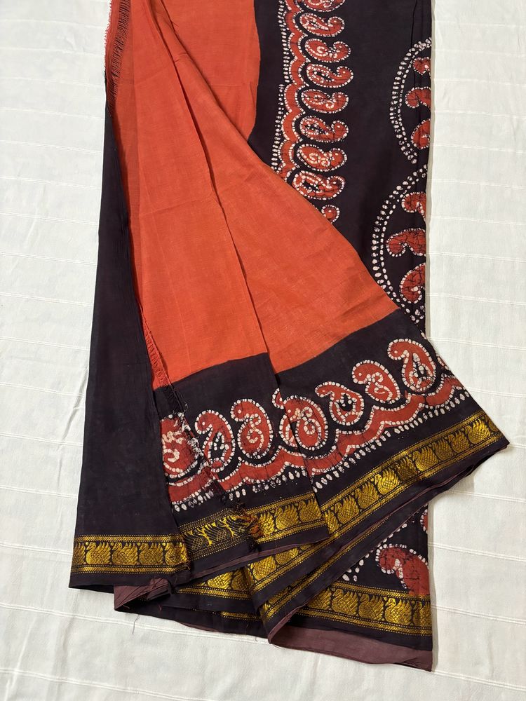 Rust Pure Cotton Saree with Blouse