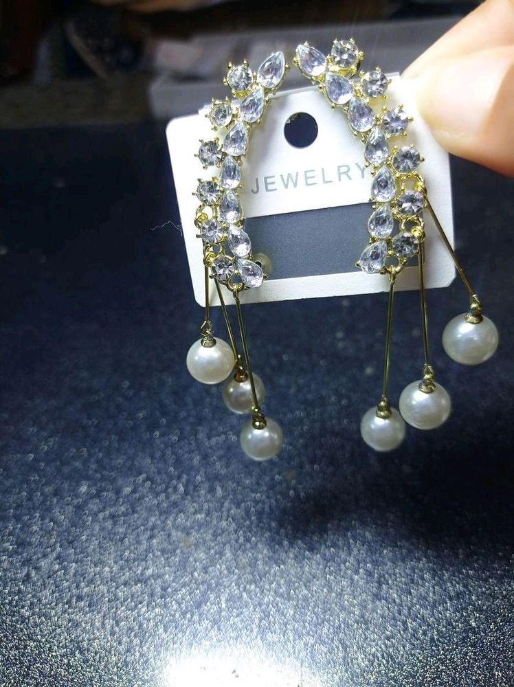 Zirconia Earrings With Dangling Pearls