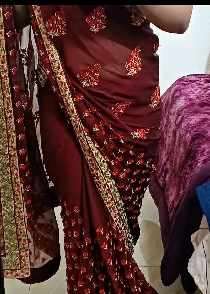 Maroon Wedding Saree With Blouse