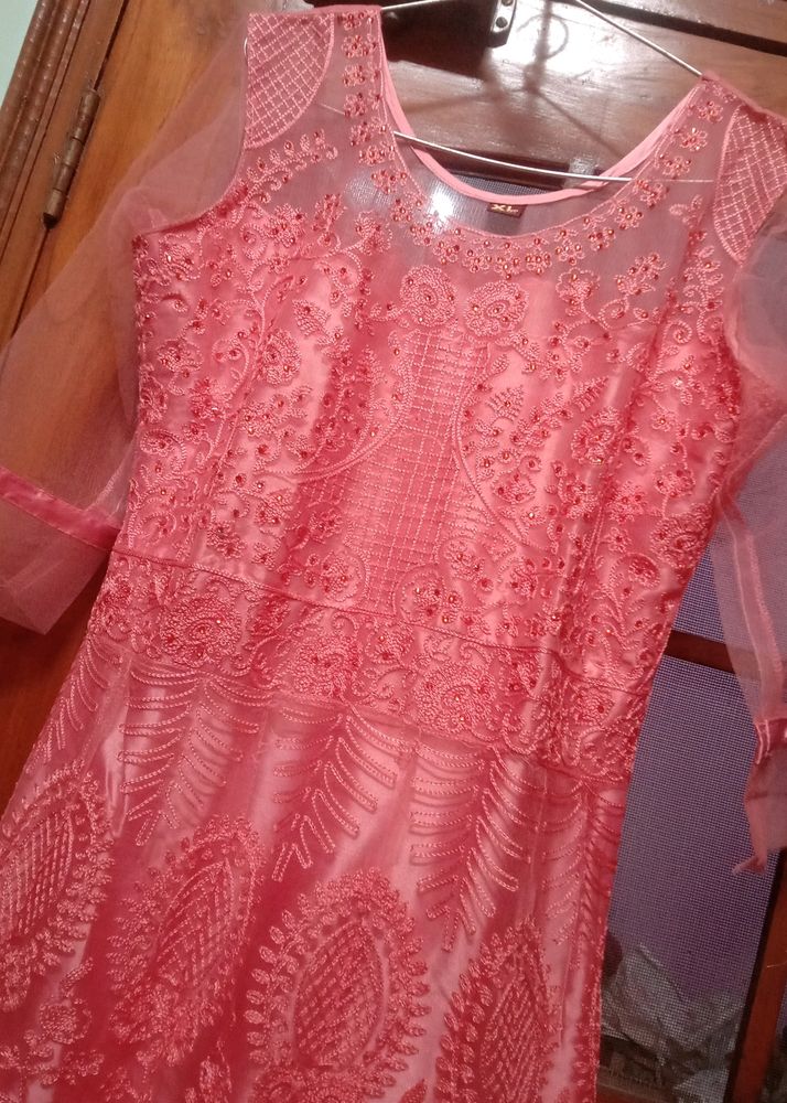 Pink Gown With Net Neck Layer