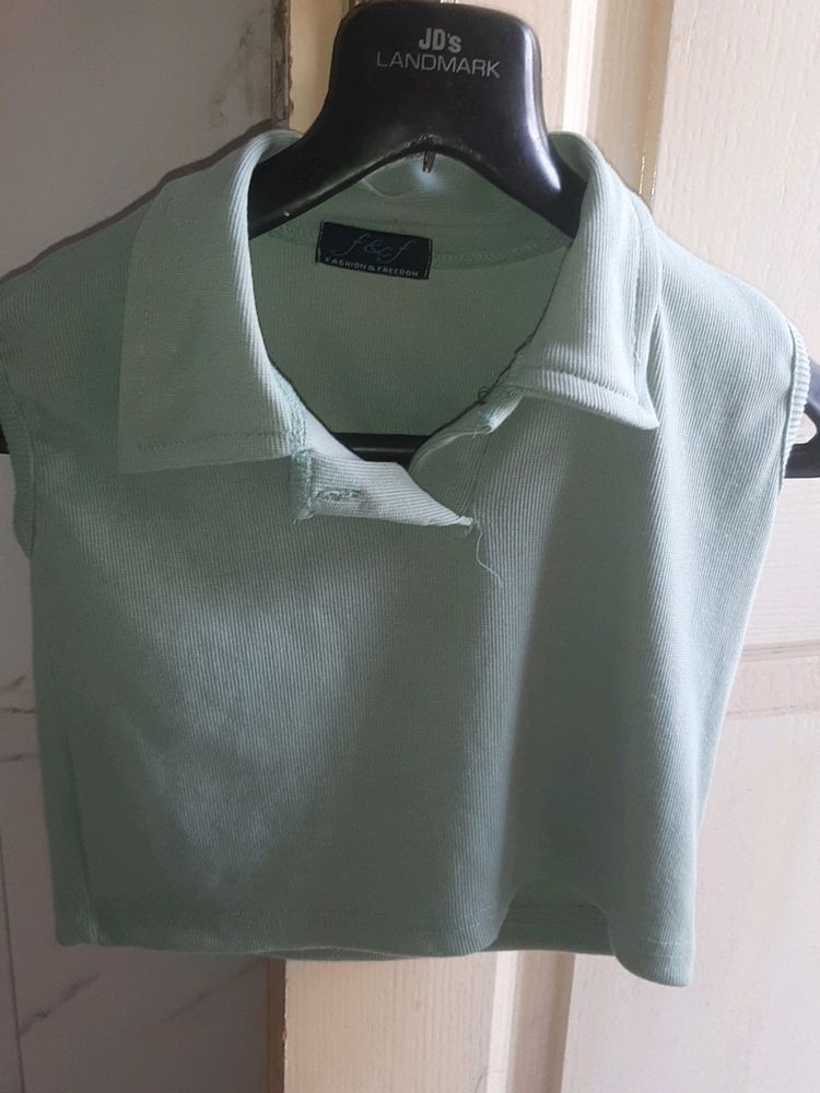 Green  Crop Top With Colar