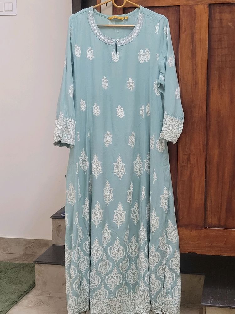 Light Blue A line Kurta With White Prints