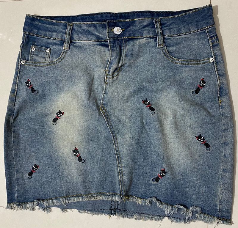 Ginger-Kitty Embroidery Denim Skirt