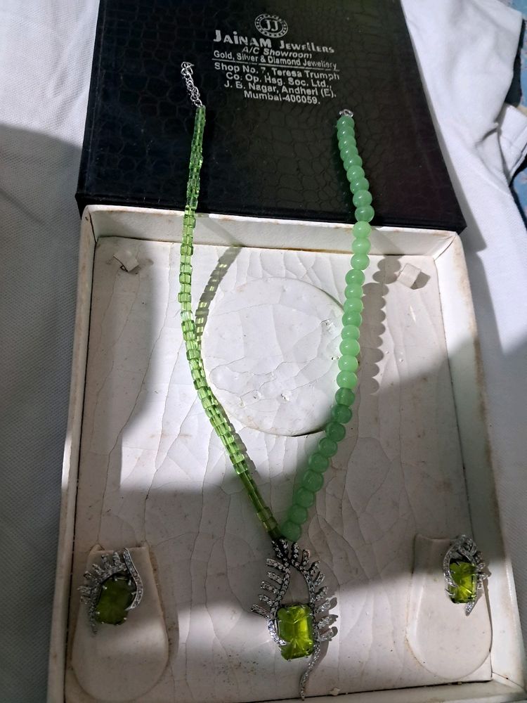 Green Imitation Necklace With Earrings