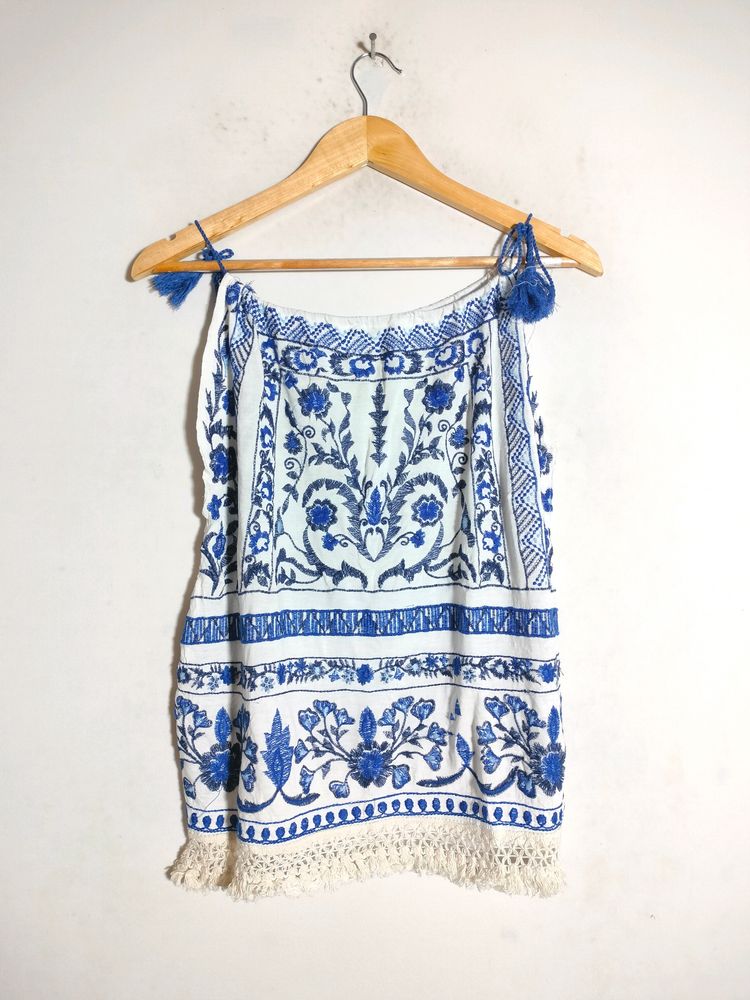 White With Navy Blue Embroidery Tops (Women's)