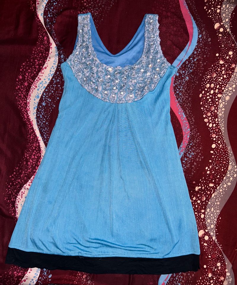 Blue Color Tunic Dress With Flower Work