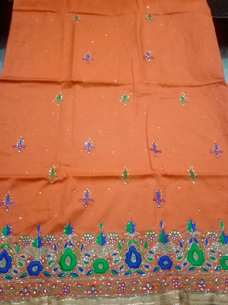 Orange Blue Heavy Dupatta 4 Side Stone Work With