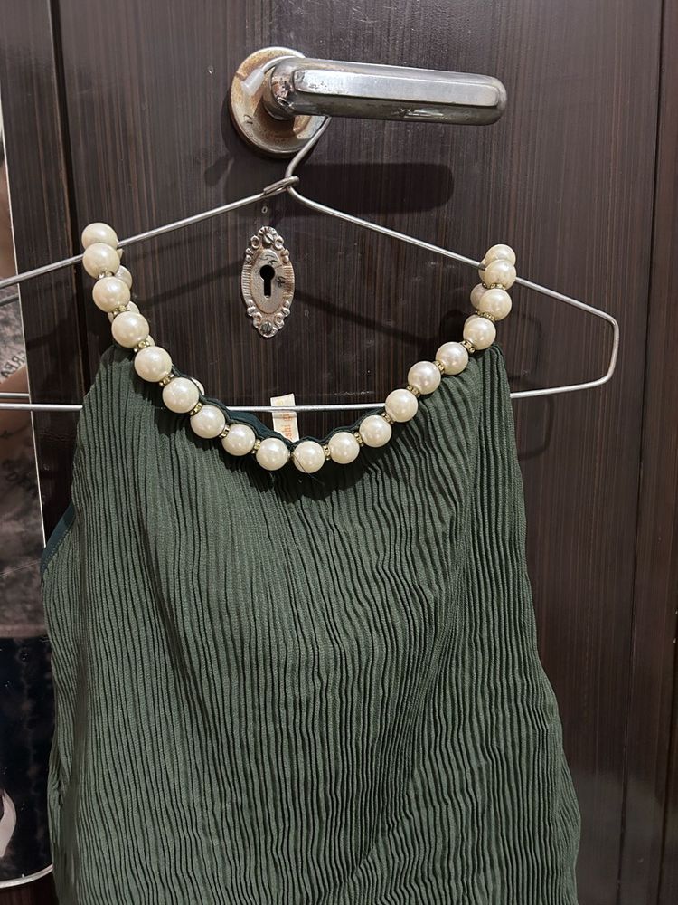 Green Top With Pearls Detailing Neck