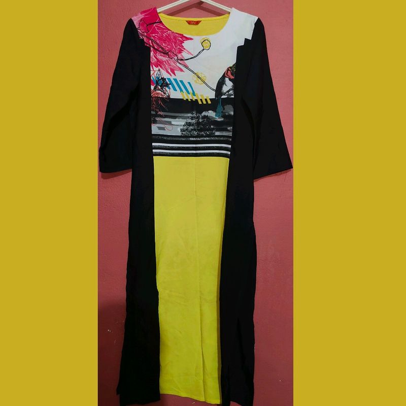 W Yellow-Black Straight Kurta(S)