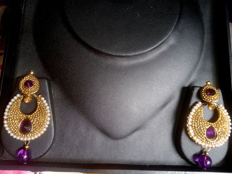 Beautiful Golden And Purple Kundan Stone Chandbali Earring