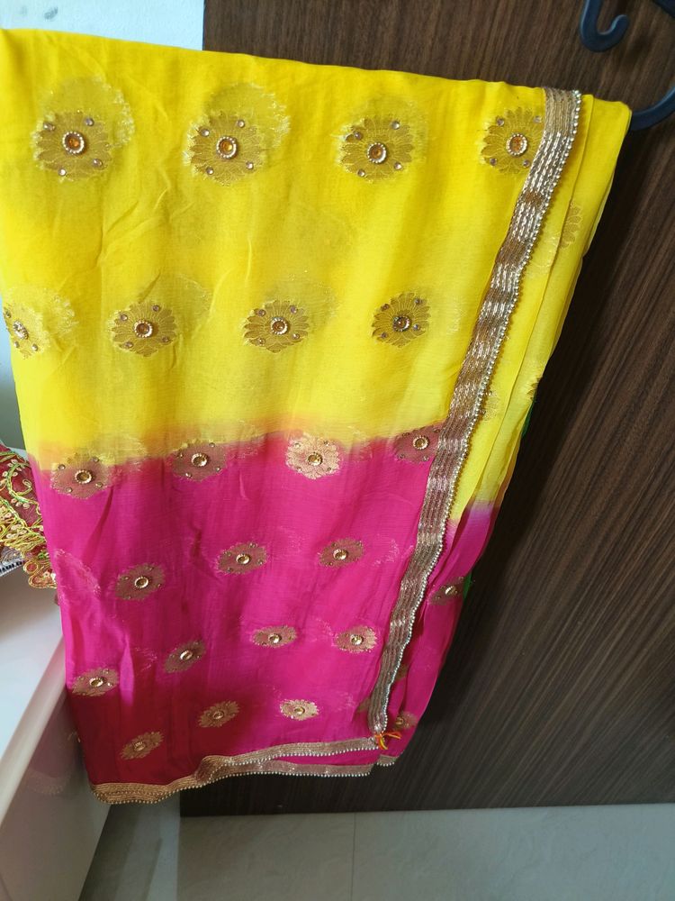 Yellow Green And Pink Combination Saree