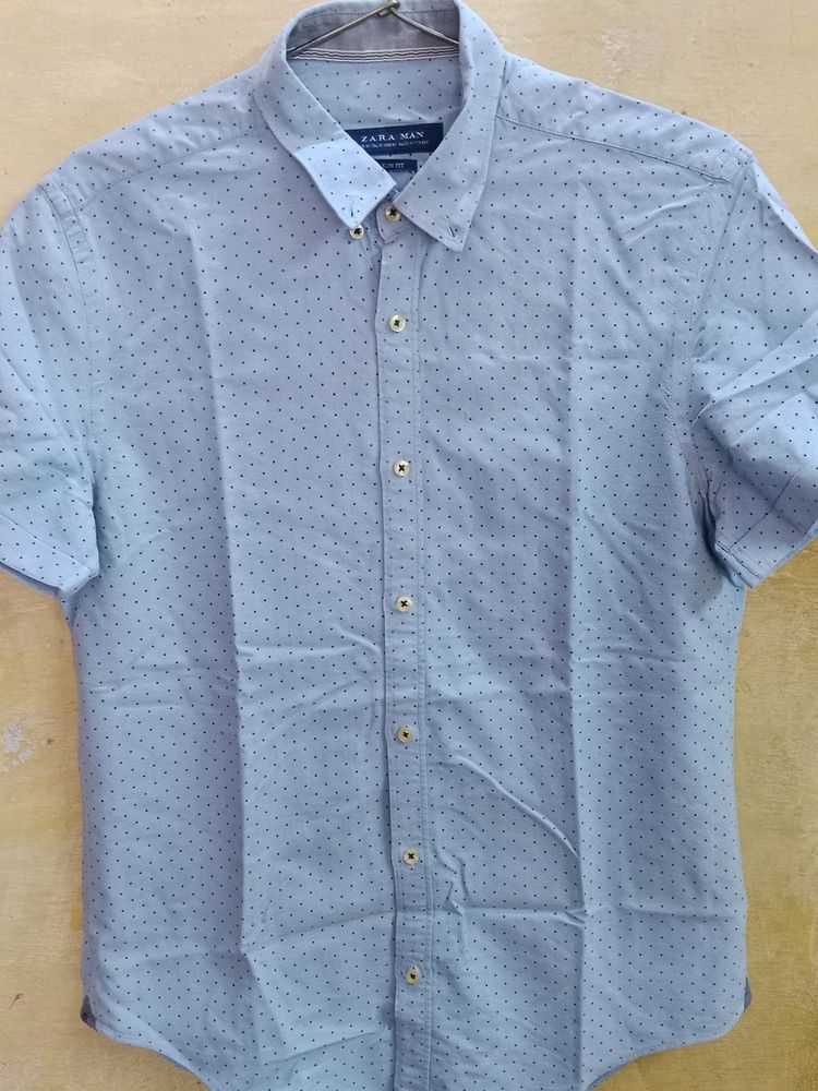 Zara Man Shirt Sky Blue Dotted Print