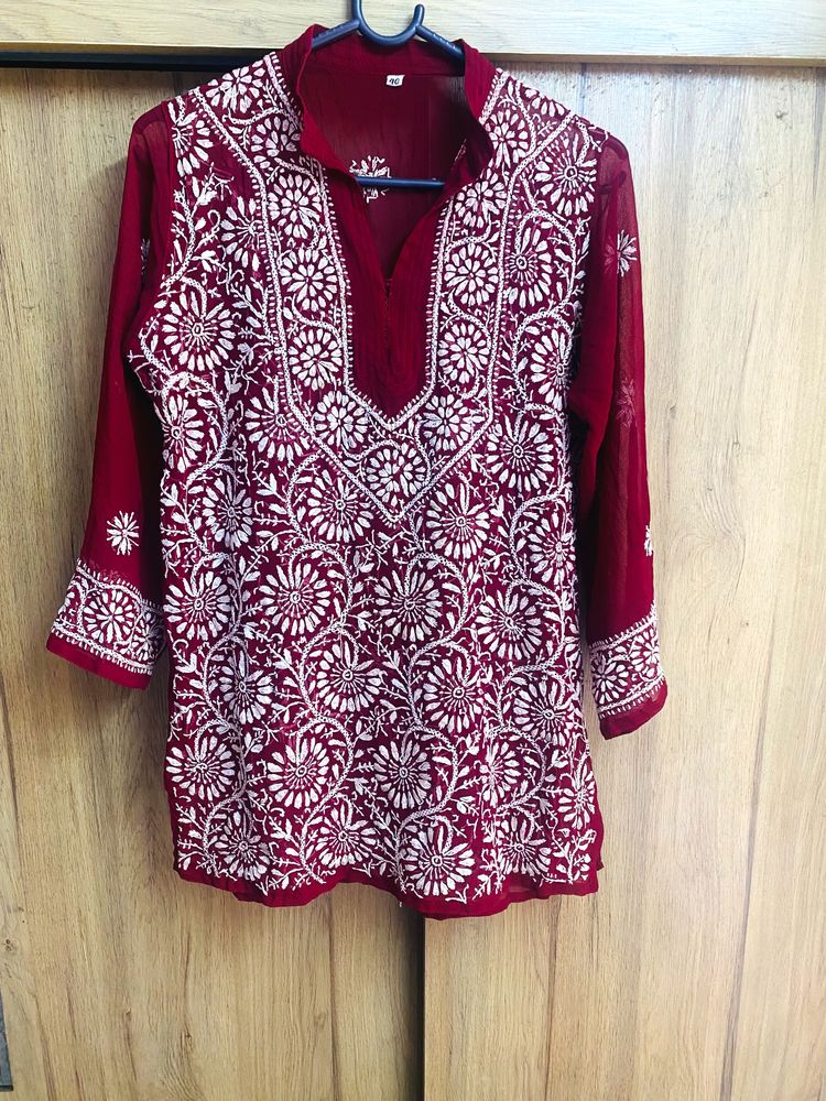 Beautiful Maroon Chikankari Short Kurti