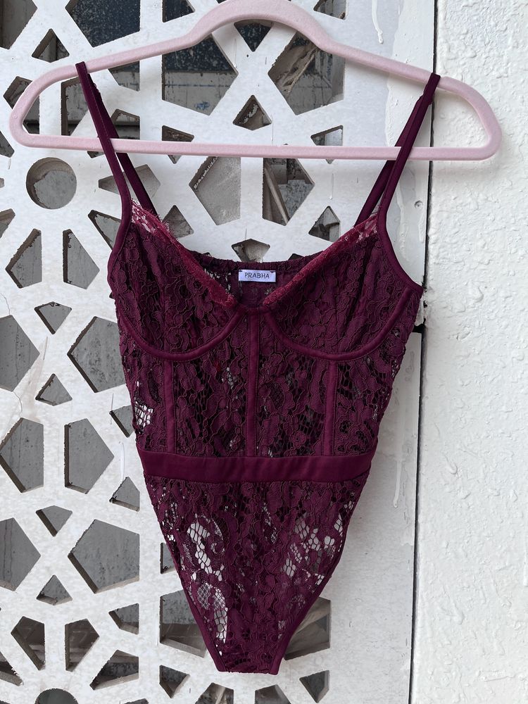 Burgundy Lace Detail Fitted Bodysuit